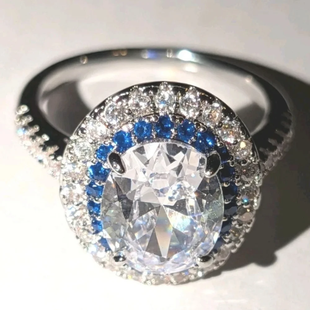 3Ct Blue Halo White Diamond Simulated Engagement Ring 14K White Gold Plated Sz 7